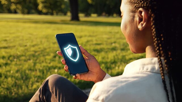 Woman sitting in park sees phone screen with shield icon on device