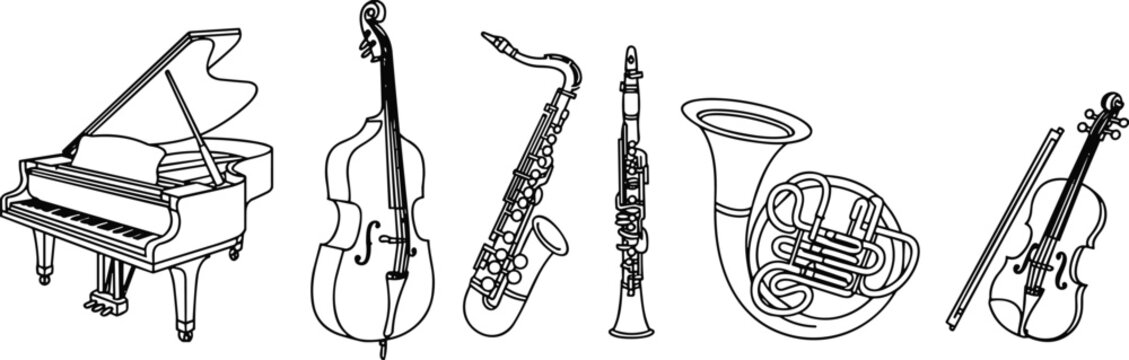 Orchestral musical instruments outline set featuring piano, double bass, saxophone, clarinet, french horn and violin in detailed line art vector illustration