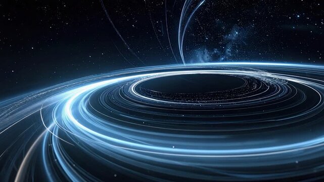 Glowing light trails spiral around a dark center, under a starry night