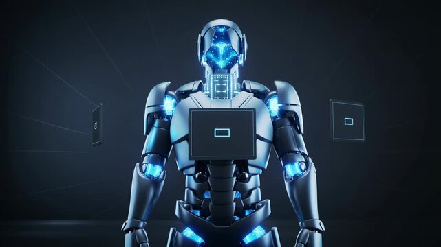 A striking image of a blue robot surrounded by digital data flows. Ideal for illustrating concepts of artificial intelligence, technology, or the futu