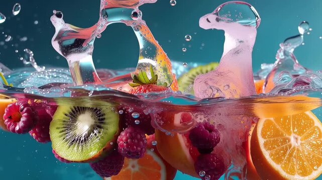 Fresh fruit mix splashing in water creates colorful display of natural flavors in bright light during a summer day