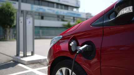 Fototapeta premium Red Electric Vehicle Charging at an Outdoor Station, Illustrating Sustainable Transport and Modern Energy Solutions on a Bright Day