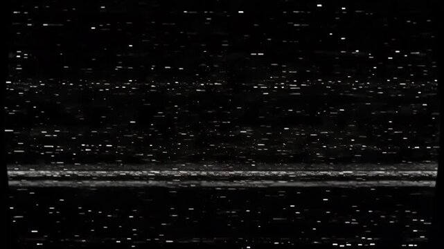 Abstract black and white static noise glitch effect with horizontal lines and flickering pixels, ideal for retro, vintage, or error screen backgrounds and overlays