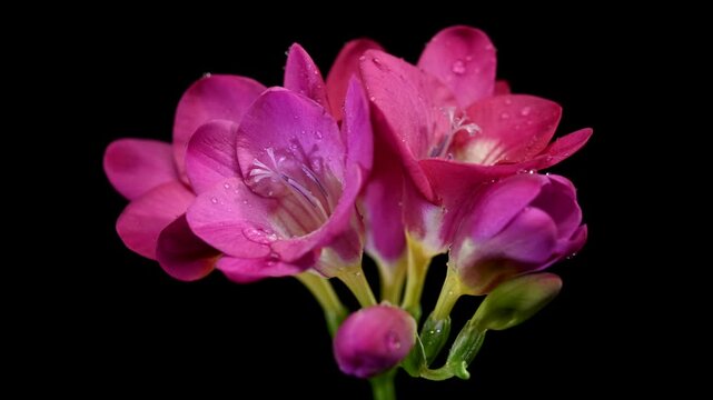 Pink freesia flowers with water drops on a green stem isolated on black background