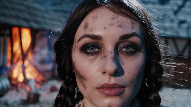 woman with braid and soot on face. fire burns in village by cobblestone street. shawl wraps bundle held close. night scene with smoke, ember glow, charred roof and scattered debris, ember dust.