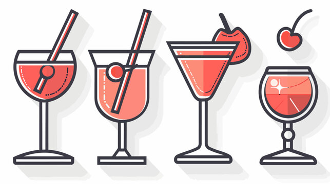 Illustration of four pink cocktails with straws, cherries, in decorative glasses, isolated