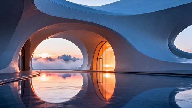 Modern building with curved arches at sunset