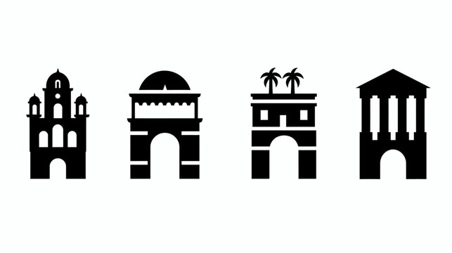 A row of four architectural monuments in stark black silhouette