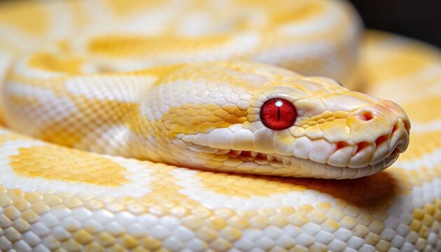 Close-up macro shot of an albino python snake with striking red eyes and a patterned yellow and white body coiled, against a dark background