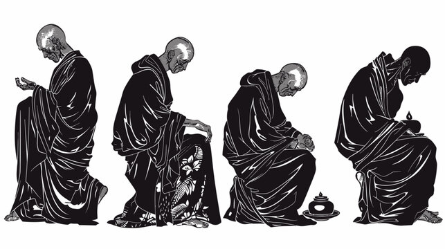 Four monks in contemplation, monochrome illustration