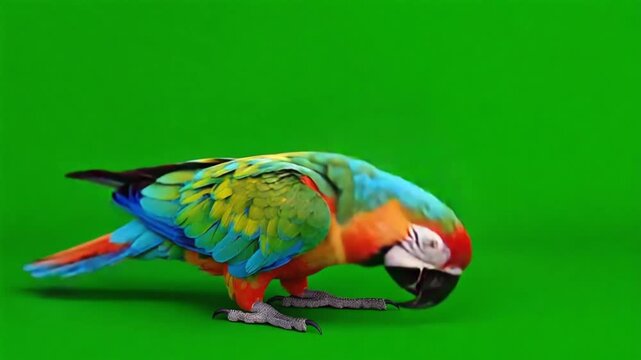 Vibrant scarlet macaw parrot perched on branch with lush green foliage background