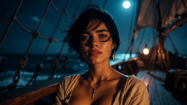 Portrait of a young woman on a sailing ship at night in a realistic style, with a moonlit ocean background, concept of adventure