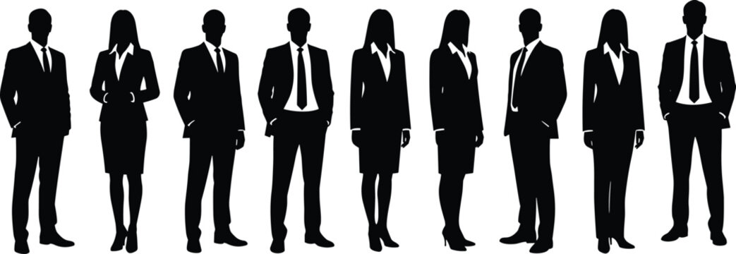 Large diverse group of professional business executive silhouettes in formal suits standing together isolated on white background.