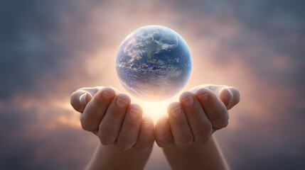 Hands holding glowing earth planet sustainability global care environment protection and future world concept