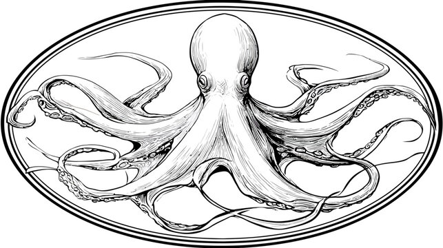 Detailed illustration of an octopus in an oval frame; intricate linework, black and white