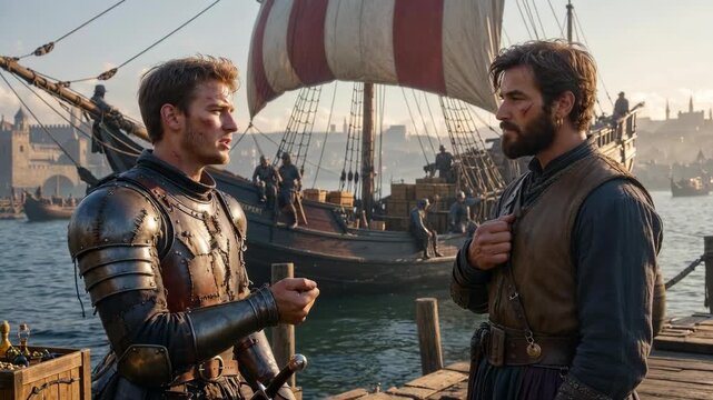 Two medieval men exchanging a coin on a harbor dock in realistic style with ships behind, concept of loyalty and farewell