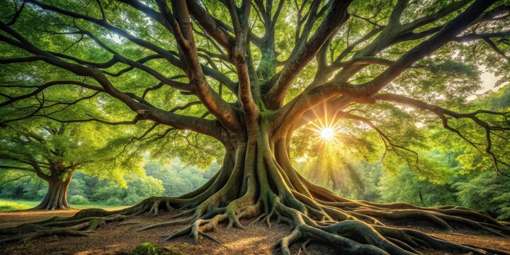 Ancient tree stands tall with twisted roots in sunlit forest surroundings