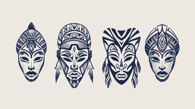 Four tribal masks are illustrated with detailed geometric patterns on a light background