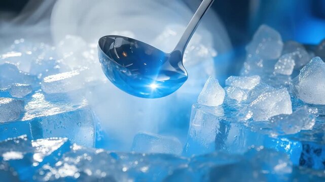 Close up of ice cubes with ladle overhead view