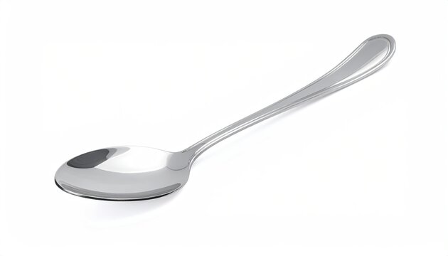 A shiny silver spoon rests on a white background, angled slightly