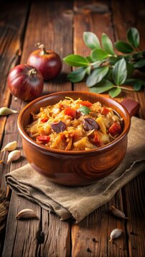 Bigos in Ceramic Bowl on Rustic Wooden Table