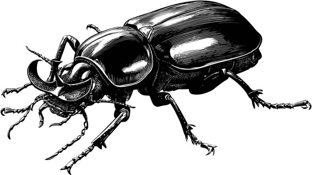 Detailed etching of a beetle, capturing its unique features in black and white