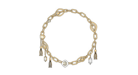 Fototapeta premium Elegant golden chain necklace featuring various unique links crystal pendants and decorative tassels arranged in a circular shape on white.