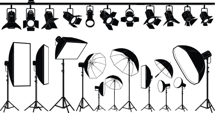 Photography studio lighting equipment set with softboxes, spotlights, umbrellas and professional stage lights in detailed black silhouette illustration