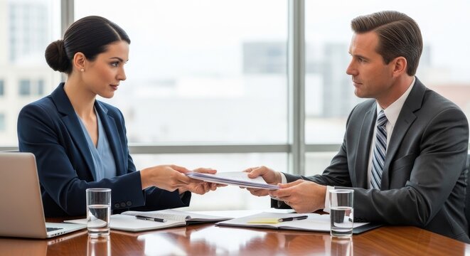 A professional woman and a man are engaged in a business discussion. The woman is handing a document to the man.