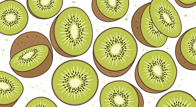 Vibrant pattern showcasing multiple green kiwi slices with black seeds and fuzzy brown skin arranged in a dense repeating fruit composition.