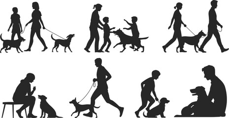 Collection of human silhouettes walking and interacting with dogs, showcasing pet ownership, training, family bonding, outdoor lifestyle, and daily routines with canine companions
