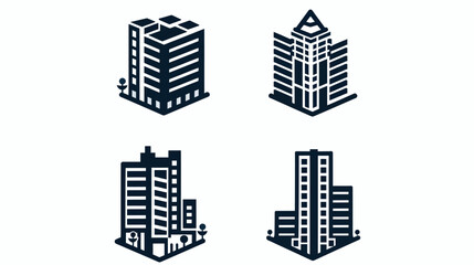Fototapeta premium Four various city buildings, simplified graphic icons, dark blue outline on white