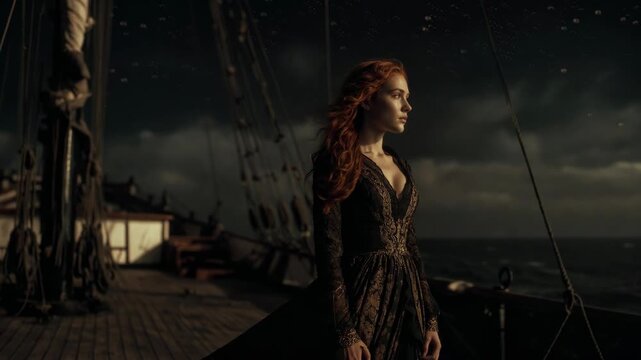 Woman on a ship deck at night in cinematic style with dark ocean backdrop evoking solitude and reflection