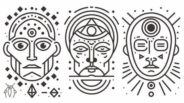 Three outlined abstract faces with geometric designs, black on white, mystical/spiritual vibe