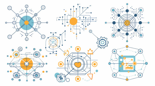Six geometric abstract designs, complex blue/orange connections, dots and lines, white background