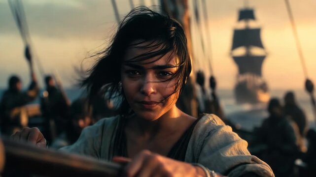 Woman straining on ship in windy moment, cinematic style on warm seascape background, symbolizing peril and courage