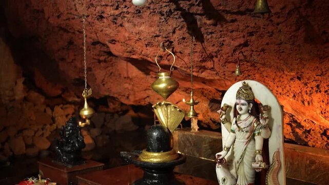 Lord Ganesha, Shivling and Goddess Parvati Idols Inside Temple in Amboli, Maharashtra, India.