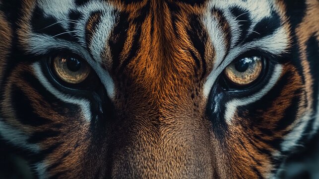 Red tiger face close up with striking big eyes and intense gaze