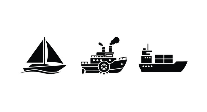 Three different boat types displayed as a striking black silhouette