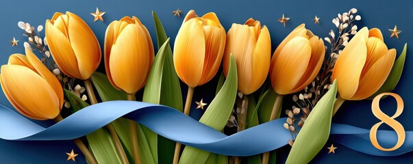 Naklejka premium Yellow tulips with blue ribbon and golden stars forming the number 8 for Women's Day celebration