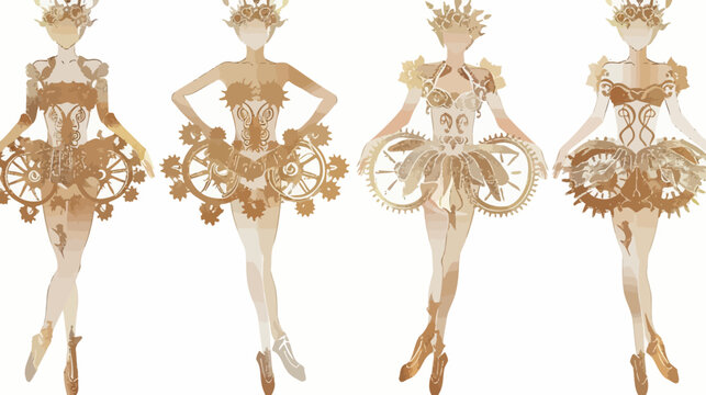 Four figures in steampunk ballet costumes, rendered in watercolor style, neutral palette