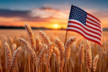 Naklejka premium American flag waving over a golden wheat field at sunrise conveying patriotism and harvest spirit