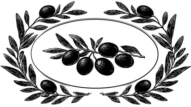 Stylized olive branch illustration in an oval frame, black ink on white background