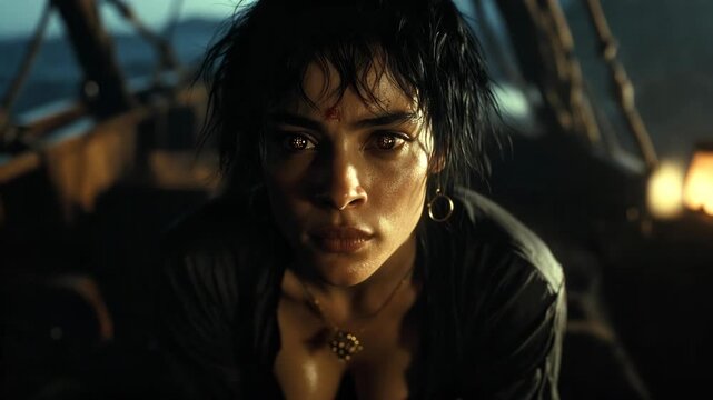 Close-up of intense figure with glowing eyes on dim ship interior in dramatic style, concept of mystery and tension