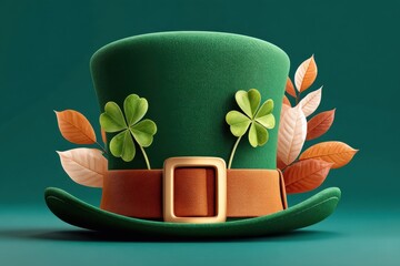 Naklejka premium Green leprechaun hat with four-leaf clover and autumn leaves symbolizing luck and St. Patrick's Day celebration