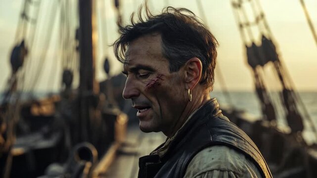 Rugged sailor with facial scars on ship deck in cinematic style against sunset sea backdrop, symbolizing adventure