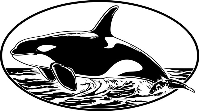 Orca surfacing in ocean waves, rendered in striking black and white graphic style