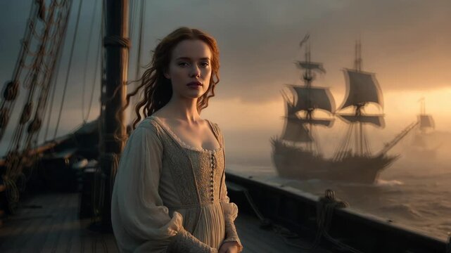 A woman standing on a ship deck, dramatic painterly style, warm sunset background, concept of solitude and voyage