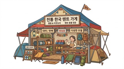 Obraz premium A woman sells camping gear and food at an outdoor market stall.