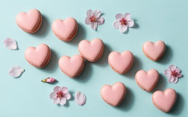 Obraz premium Pink heart macarons with cherry blossoms on a soft blue background.